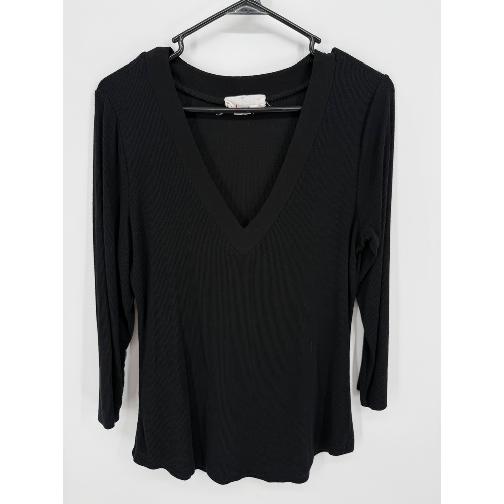 Anthropologie V-Neck Top Women Medium Black Ribbed 3/4 Sleeve Modal Blend